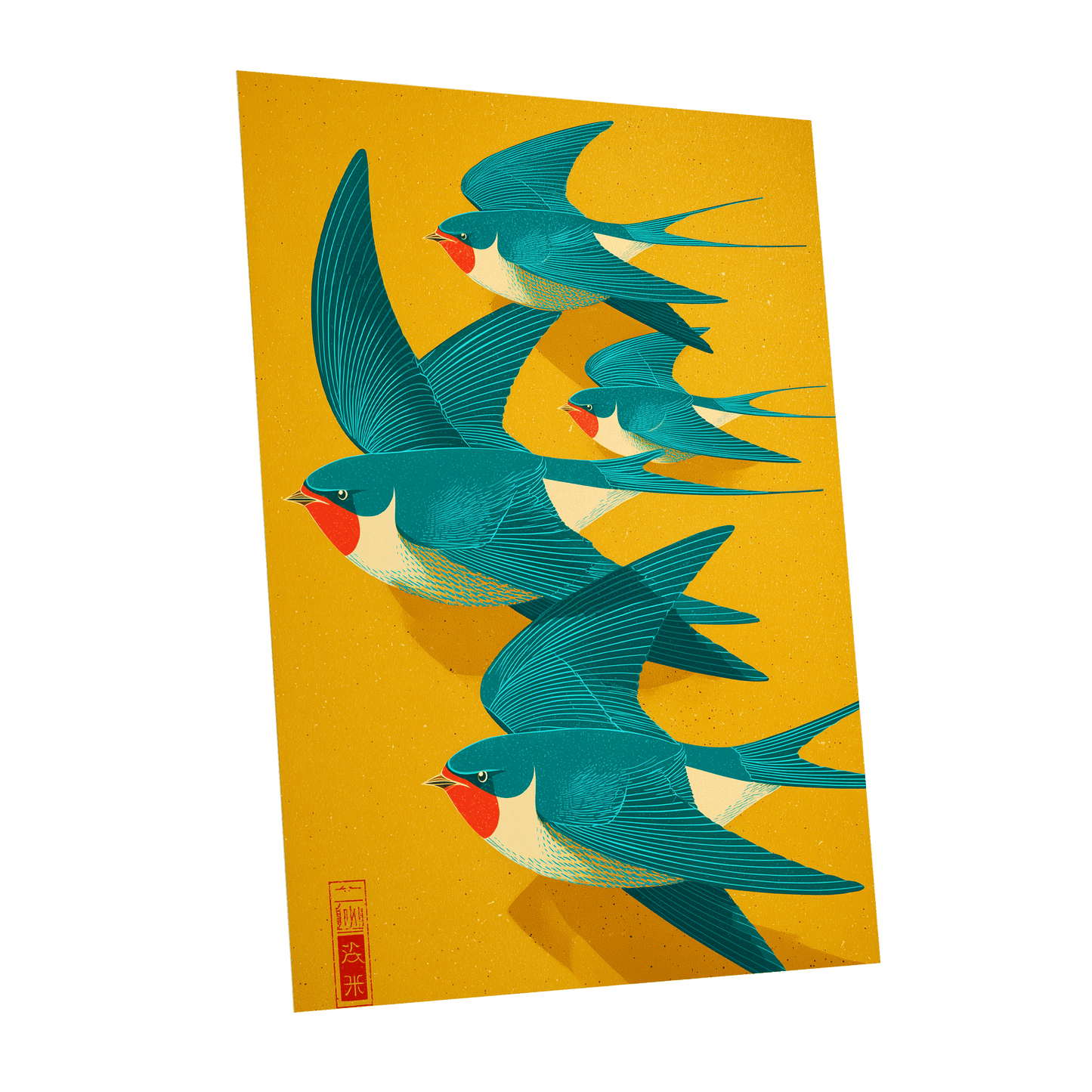 Swallows in Golden Flight, blue, green, gold nature wall art shown as a unframed poster wall art print