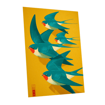 Swallows in Golden Flight, blue, green, gold nature wall art shown as a unframed poster wall art print