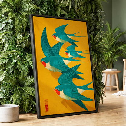 Swallows in Golden Flight, blue, green, gold nature wall art displayed in a styled interior, gallery view 1