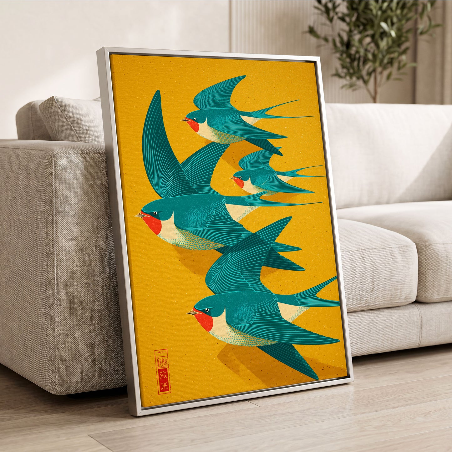 Swallows in Golden Flight, blue, green, gold nature wall art displayed in a styled interior, gallery view 2