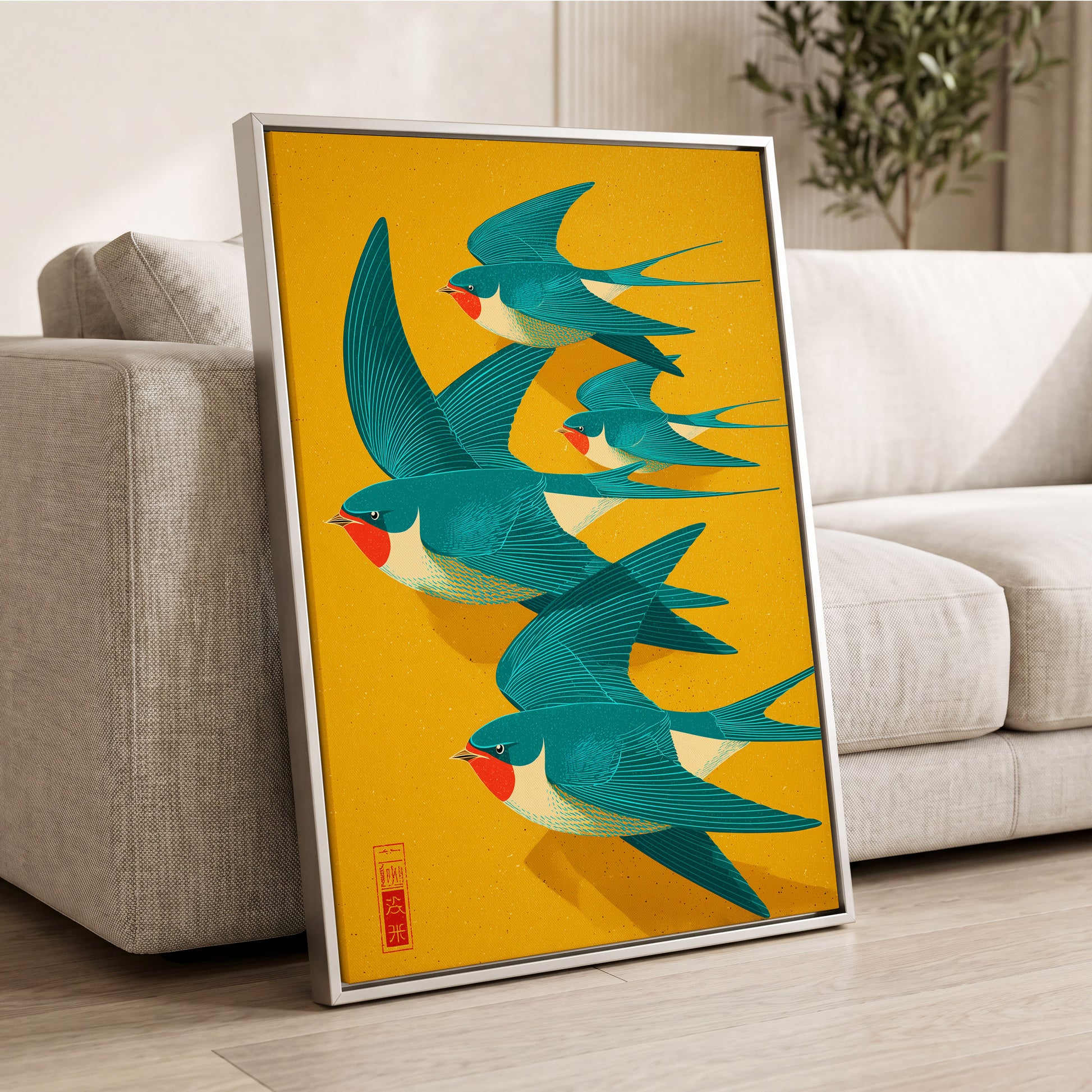 Swallows in Golden Flight, blue, green, gold nature wall art displayed in a styled interior, gallery view 2