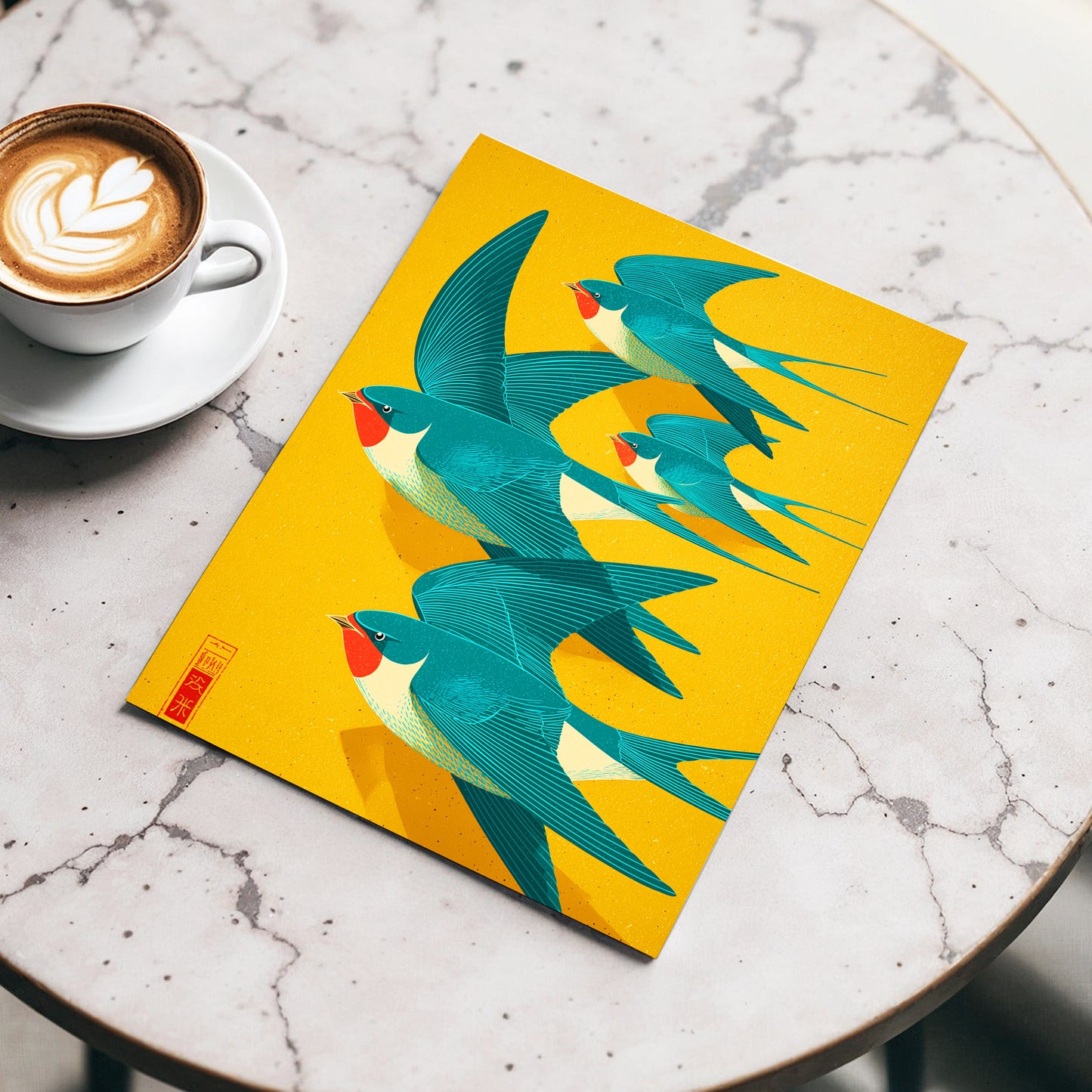 Swallows in Golden Flight, blue, green, gold nature wall art displayed in a styled interior, gallery view 3