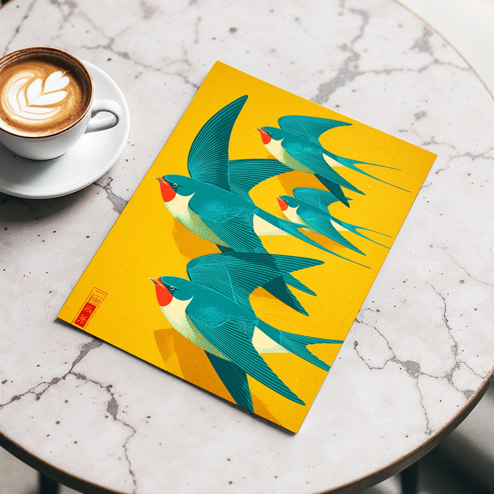 Swallows in Golden Flight, blue, green, gold nature wall art displayed in a styled interior, gallery view 3
