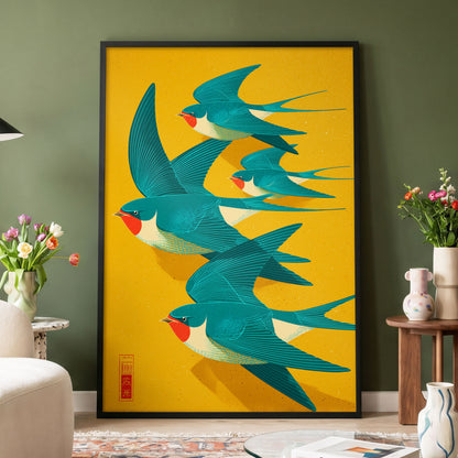 Swallows in Golden Flight, blue, green, gold nature wall art displayed in a styled interior, gallery view 4