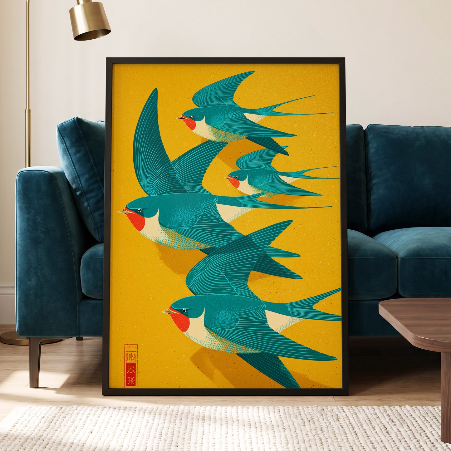 Swallows in Golden Flight, blue, green, gold nature wall art displayed in a styled interior, gallery view 5