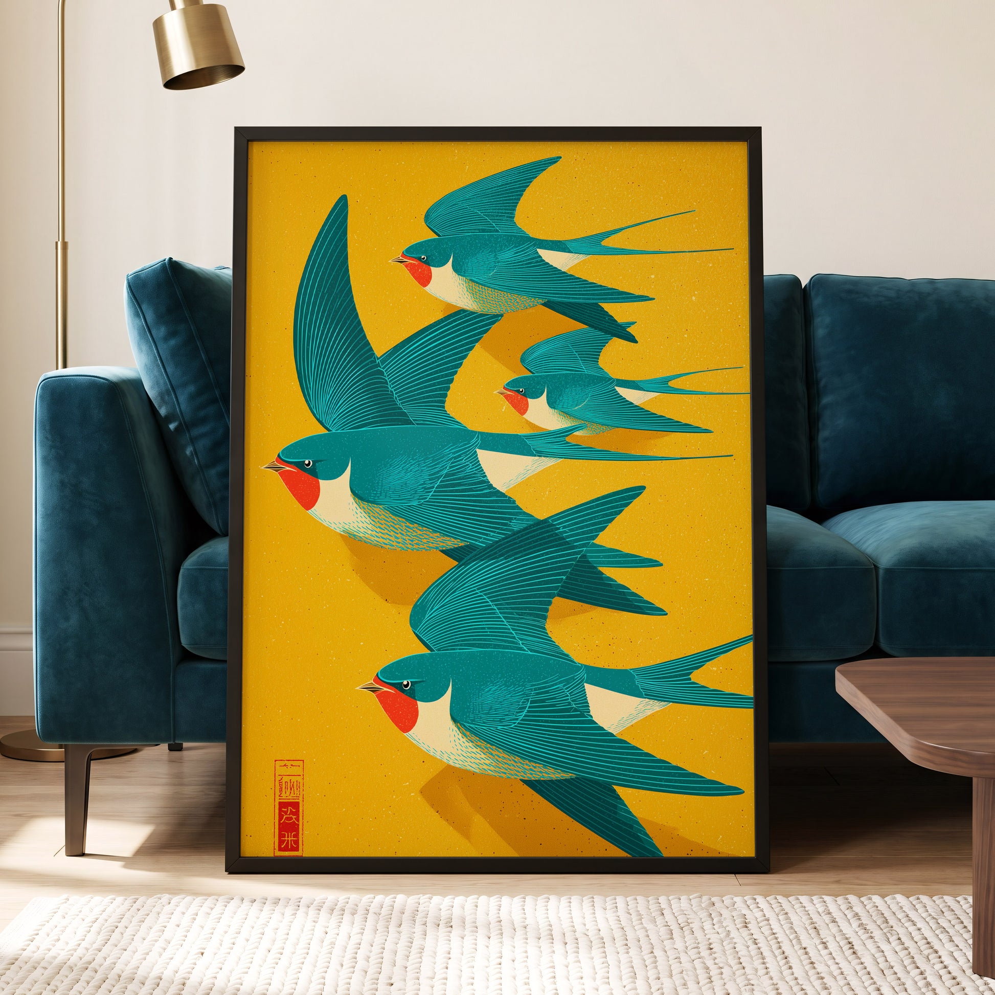 Swallows in Golden Flight, blue, green, gold nature wall art displayed in a styled interior, gallery view 5