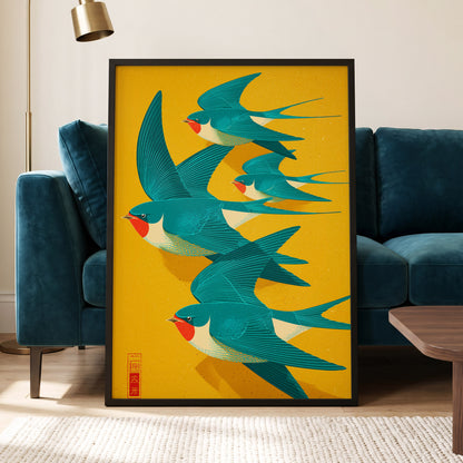 Swallows in Golden Flight, blue, green, gold nature wall art displayed in a styled interior, gallery view 5