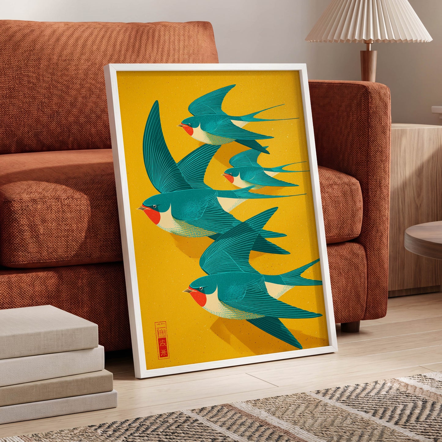 Swallows in Golden Flight, blue, green, gold nature wall art displayed in a styled interior, gallery view 6