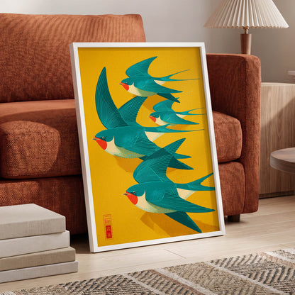 Swallows in Golden Flight, blue, green, gold nature wall art displayed in a styled interior, gallery view 6