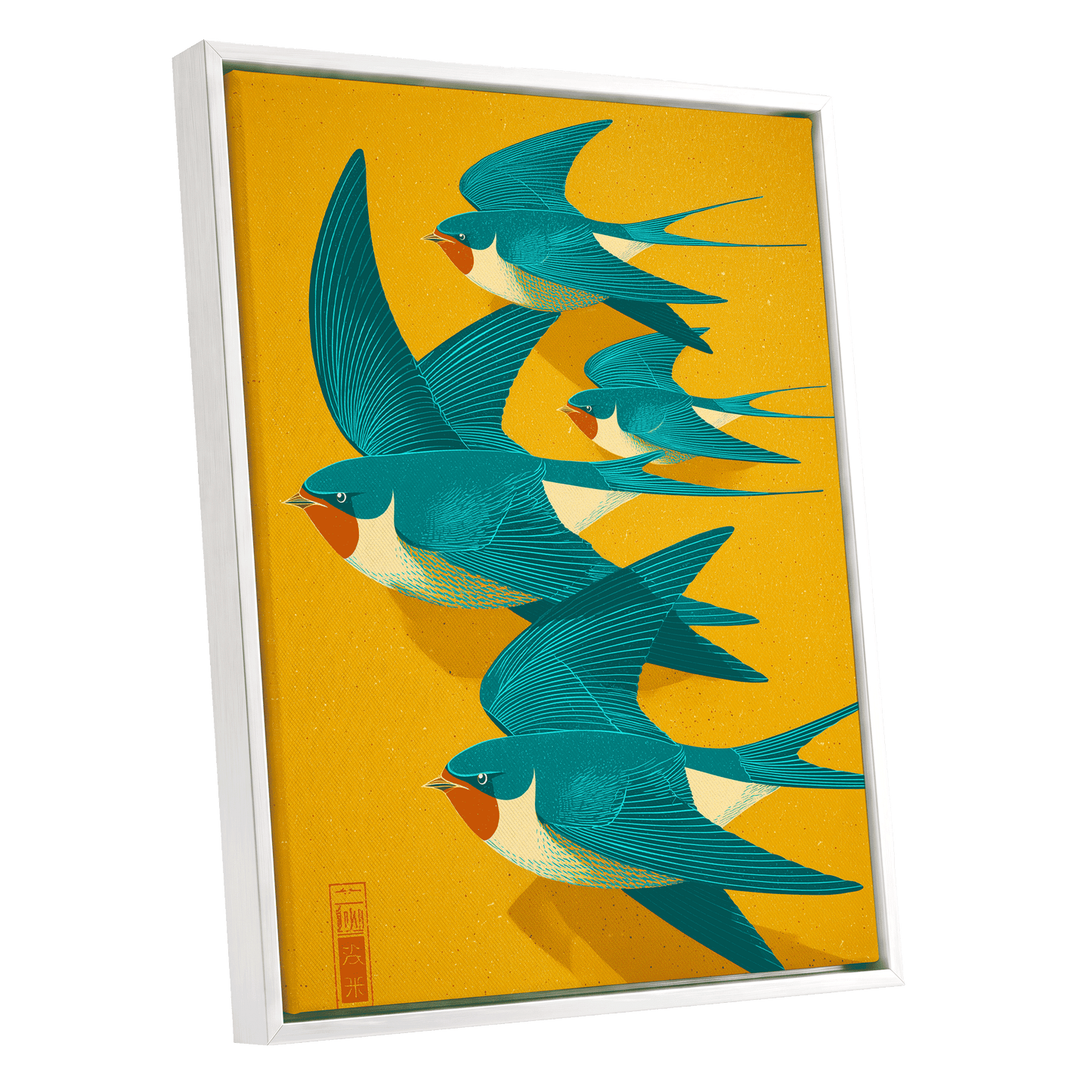 Swallows in Golden Flight, blue, green, gold nature wall art shown as a white framed canvas wall art