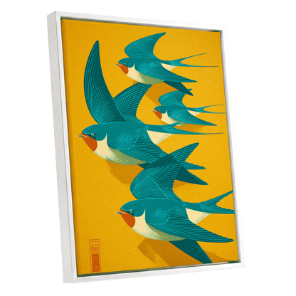 Swallows in Golden Flight, blue, green, gold nature wall art shown as a white framed canvas wall art