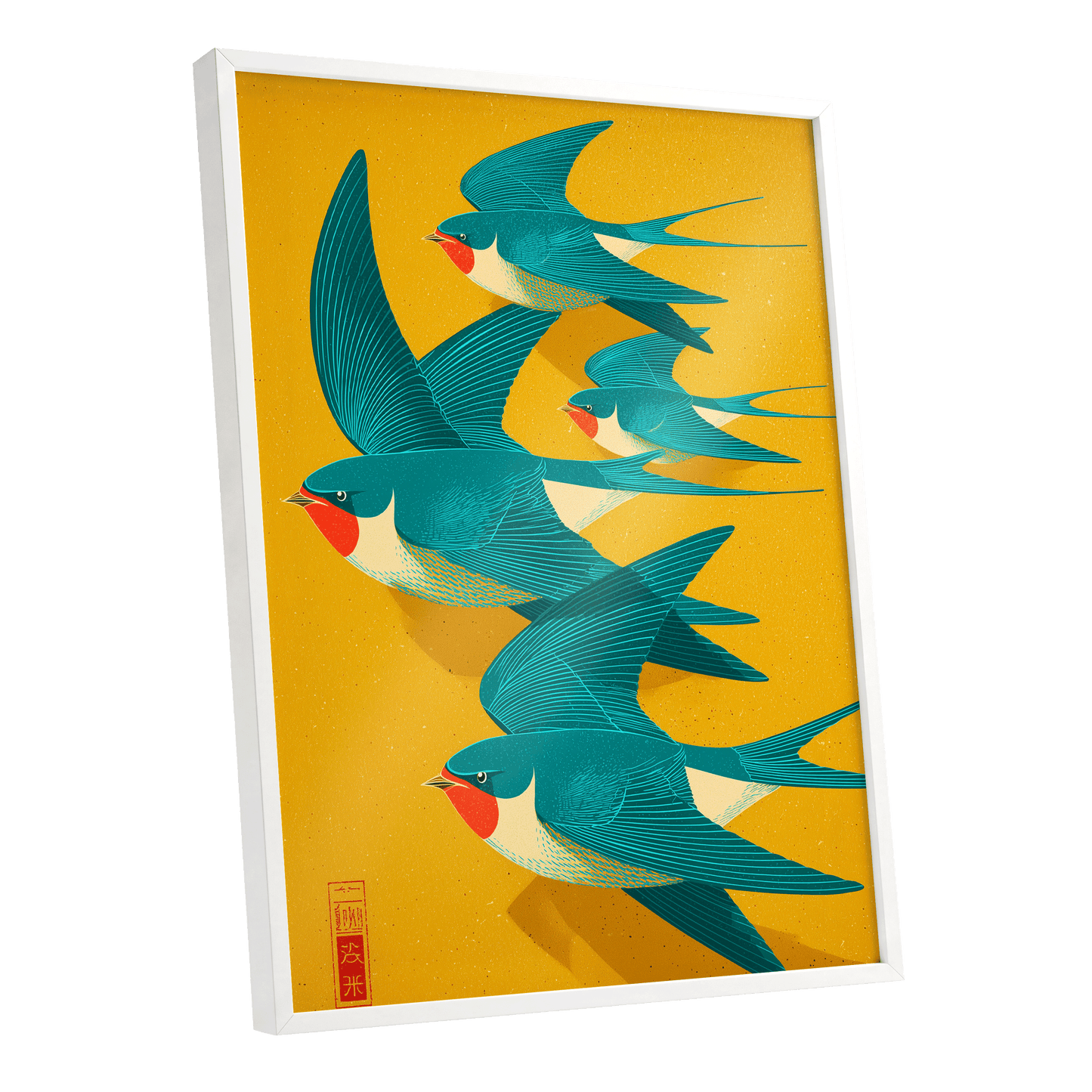 Swallows in Golden Flight, blue, green, gold nature wall art shown as a white framed poster wall art print