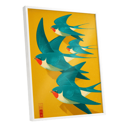 Swallows in Golden Flight, blue, green, gold nature wall art shown as a white framed poster wall art print
