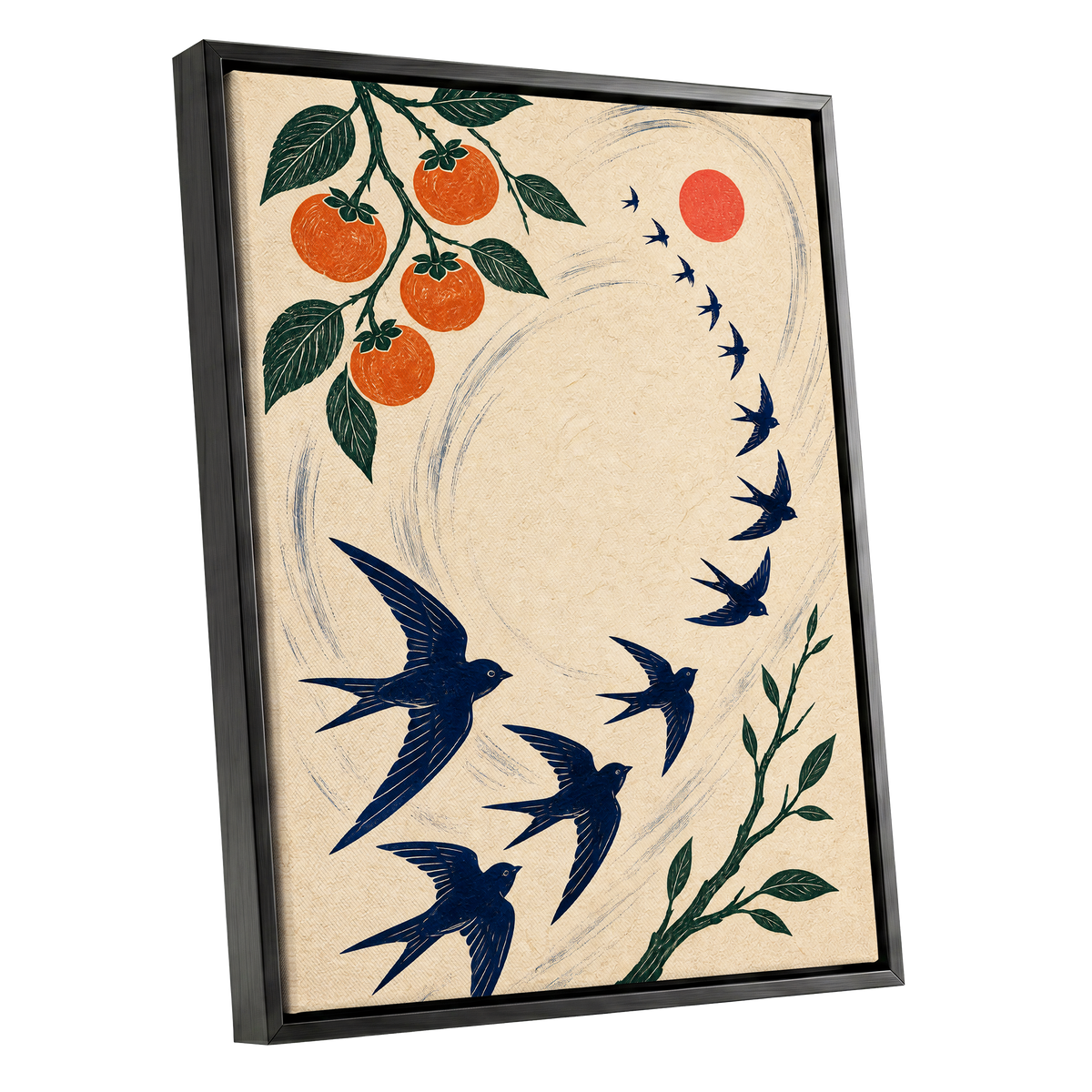 Swallows in Orbit, blue, green, beige nature wall art shown as a black framed canvas wall art