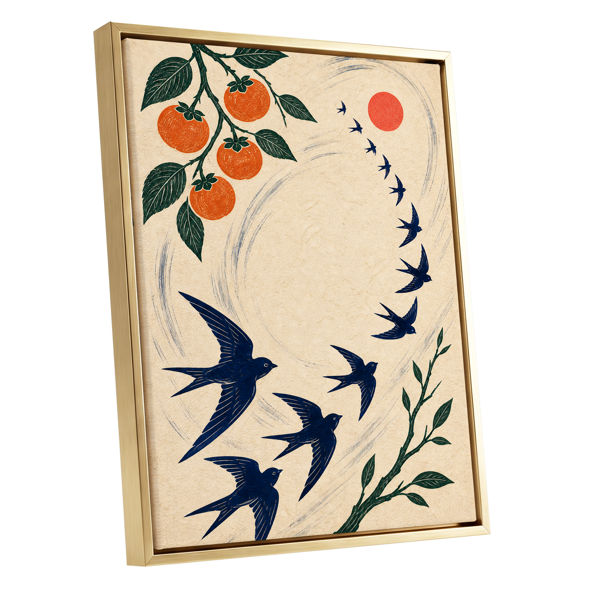 Swallows in Orbit, blue, green, beige nature wall art shown as a gold framed canvas wall art