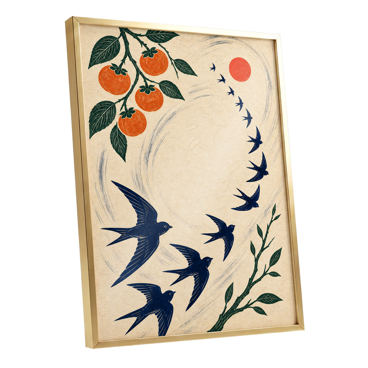 Swallows in Orbit, blue, green, beige nature wall art shown as a gold framed poster wall art print