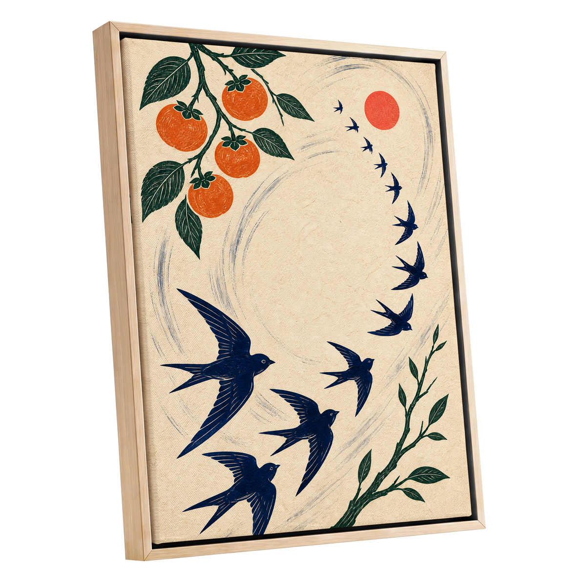 Swallows in Orbit, blue, green, beige nature wall art shown as a oak framed canvas wall art