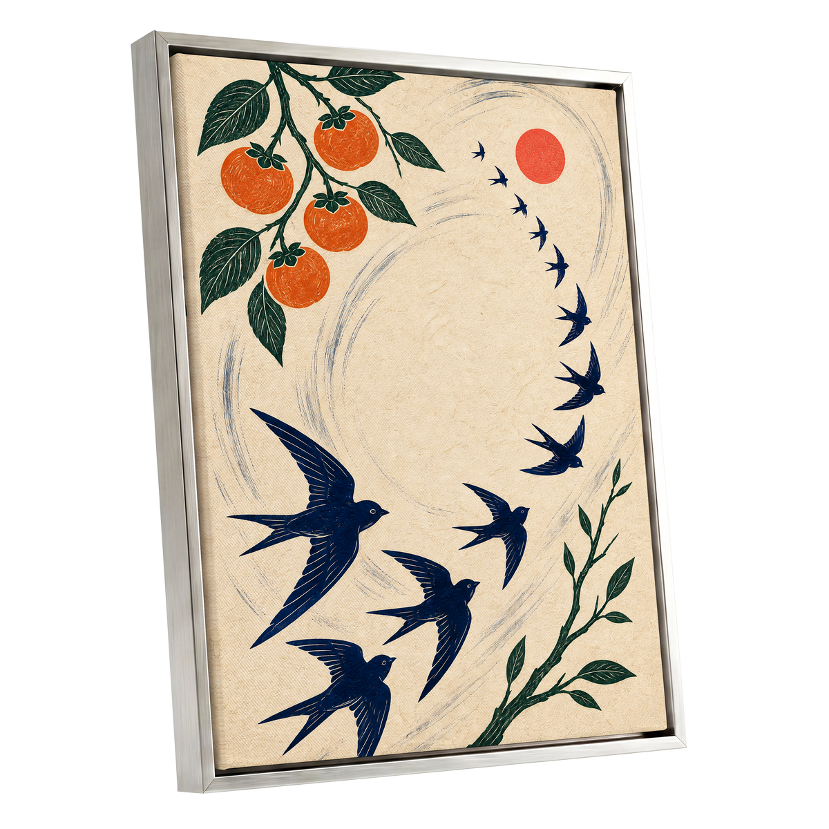 Swallows in Orbit, blue, green, beige nature wall art shown as a silver framed canvas wall art