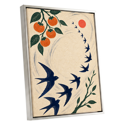 Swallows in Orbit, blue, green, beige nature wall art shown as a silver framed canvas wall art