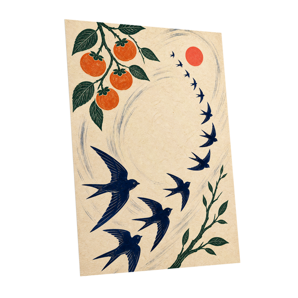 Swallows in Orbit, blue, green, beige nature wall art shown as a unframed poster wall art print