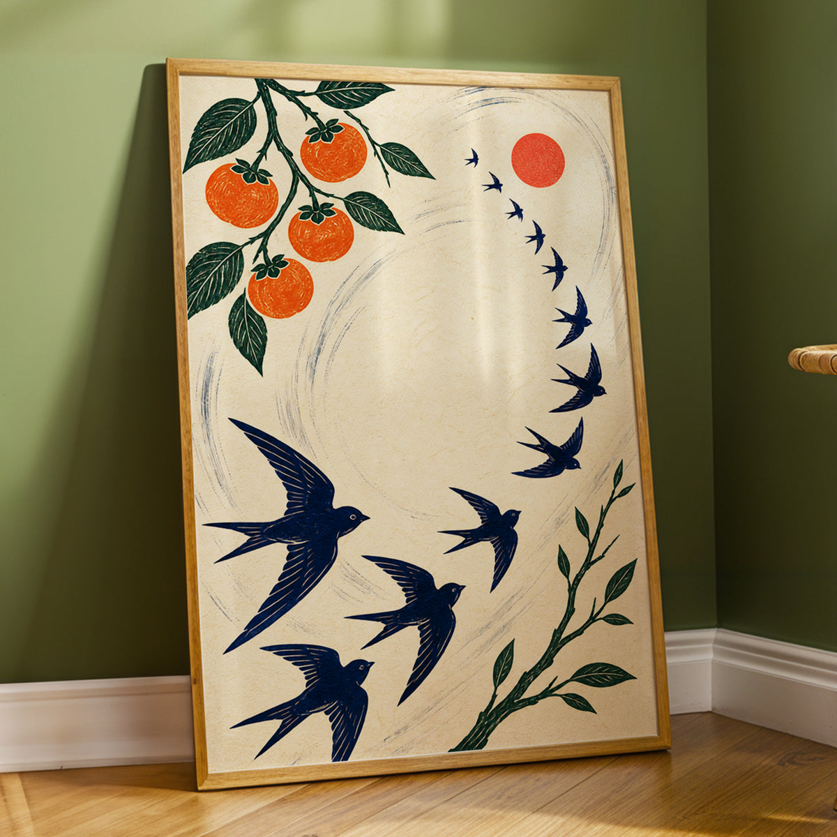 Swallows in Orbit, blue, green, beige nature wall art displayed in a styled interior, gallery view 2