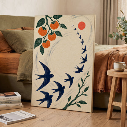 Swallows in Orbit, blue, green, beige nature wall art displayed in a styled interior, gallery view 3