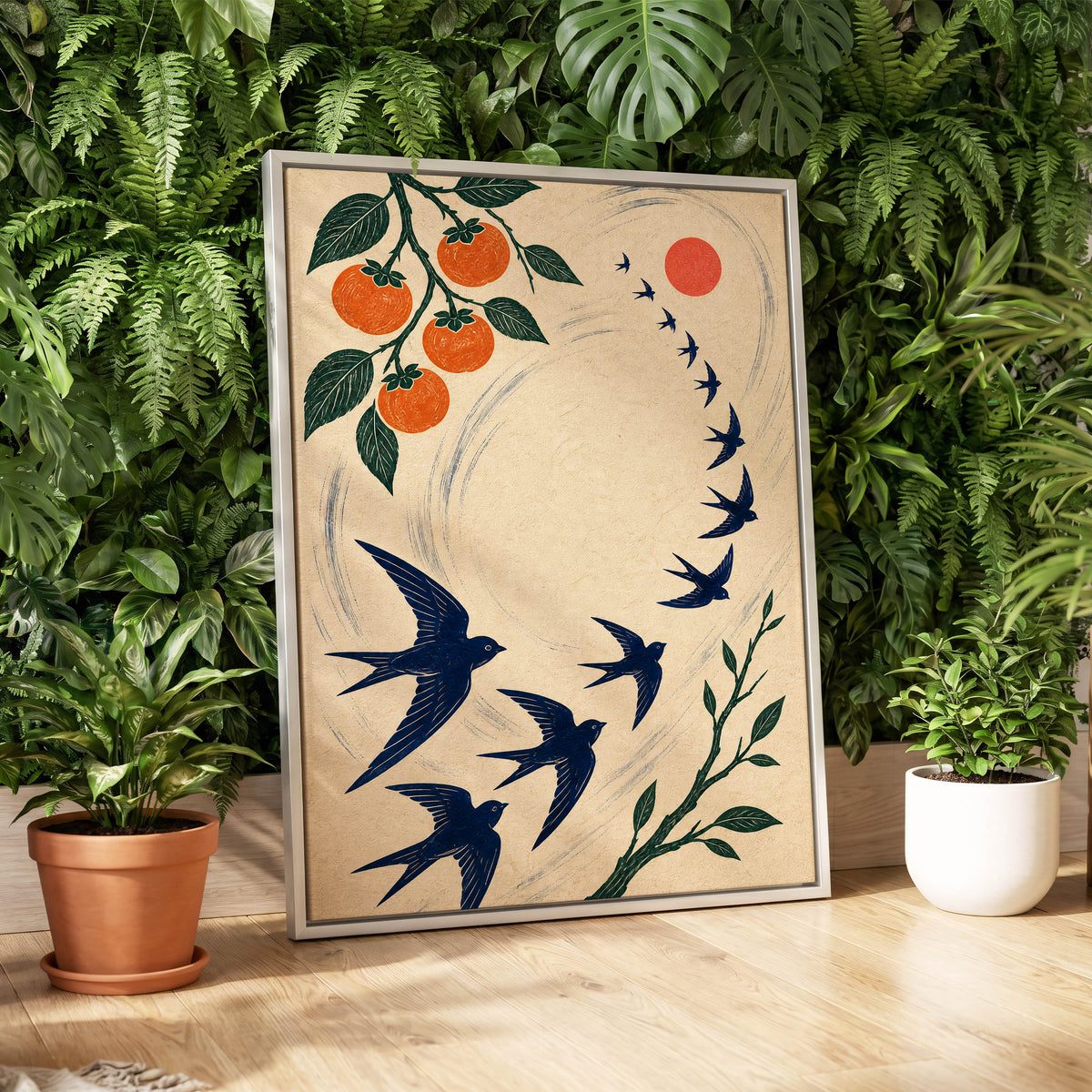 Swallows in Orbit, blue, green, beige nature wall art displayed in a styled interior, gallery view 4