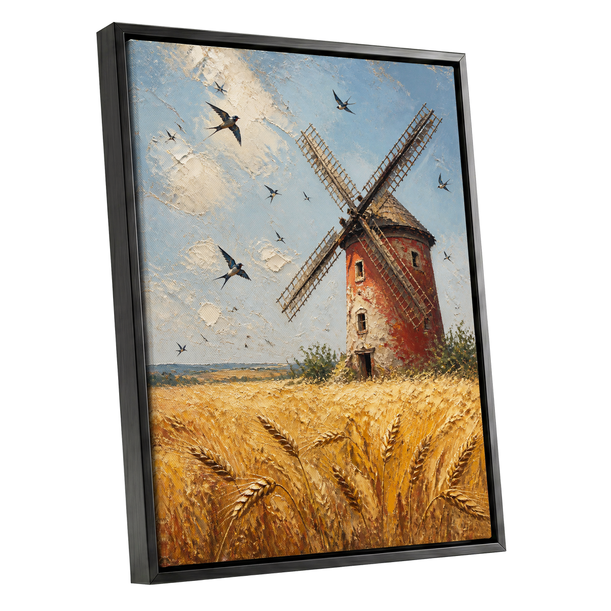Swallows Over Golden Fields, gold, blue, red nature wall art shown as a black framed canvas wall art