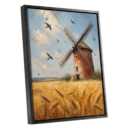 Swallows Over Golden Fields, gold, blue, red nature wall art shown as a black framed canvas wall art