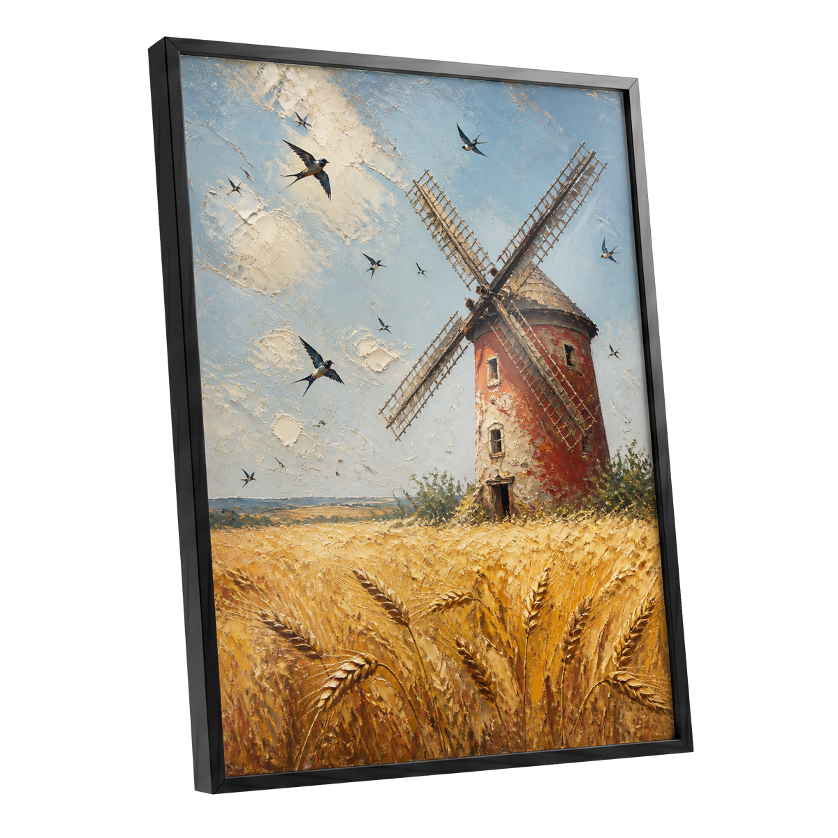 Swallows Over Golden Fields, gold, blue, red nature wall art shown as a black framed poster wall art print