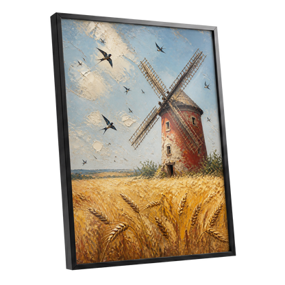 Swallows Over Golden Fields, gold, blue, red nature wall art shown as a black framed poster wall art print