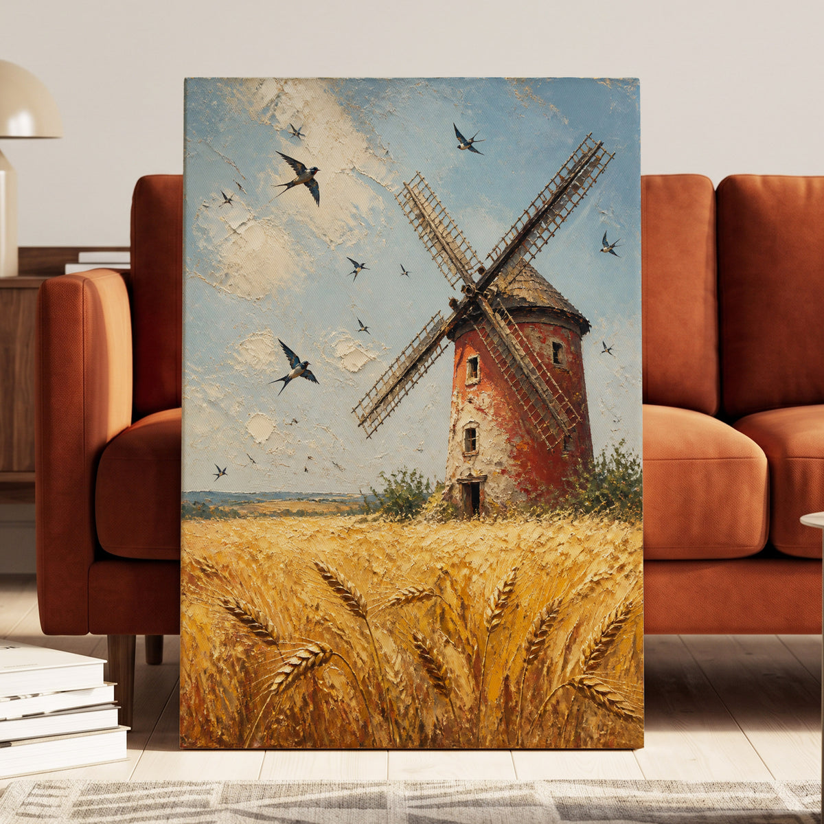 Swallows Over Golden Fields, gold, blue, red nature wall art on canvas displayed in a styled interior, gallery view 1