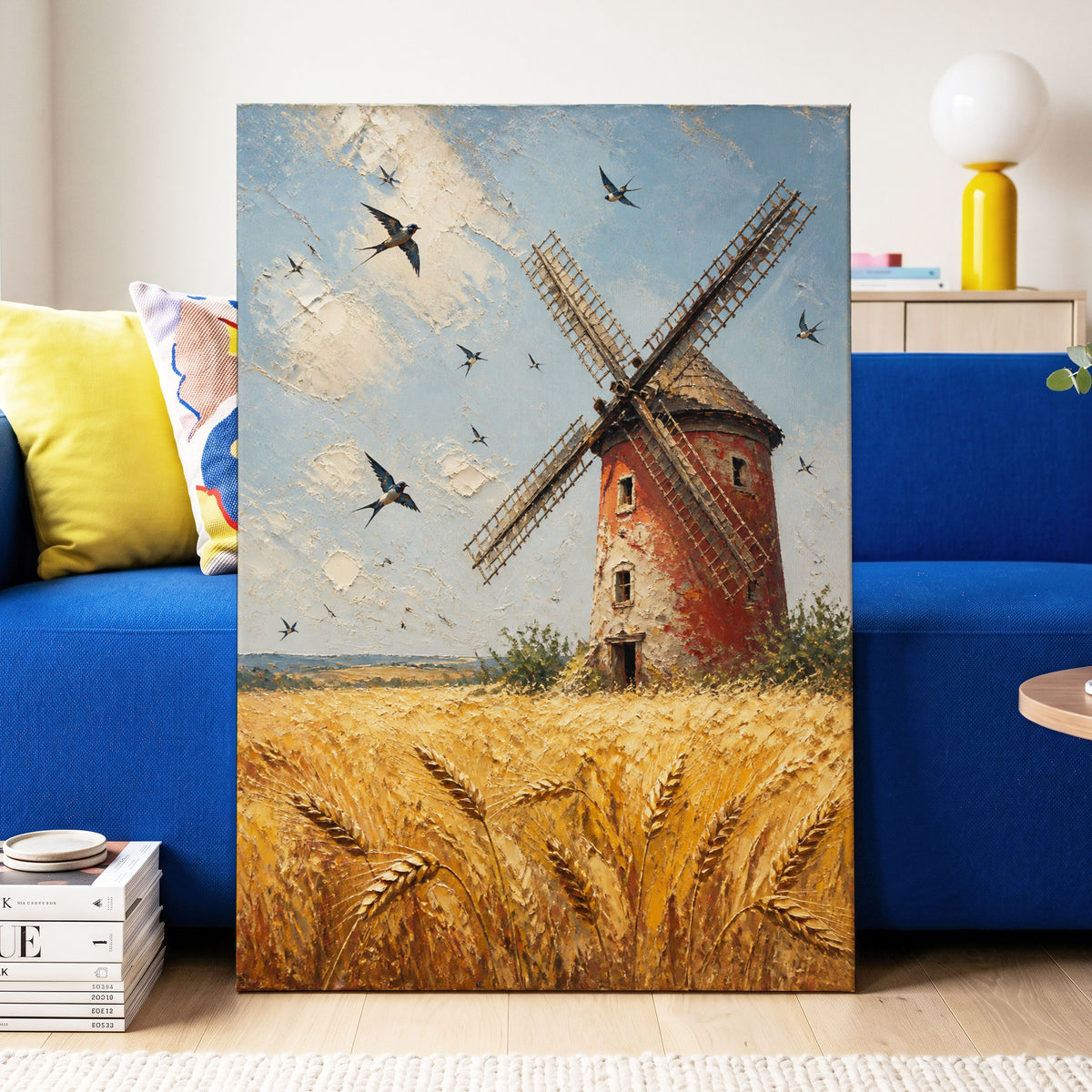 Swallows Over Golden Fields, gold, blue, red nature wall art on canvas displayed in a styled interior, gallery view 2