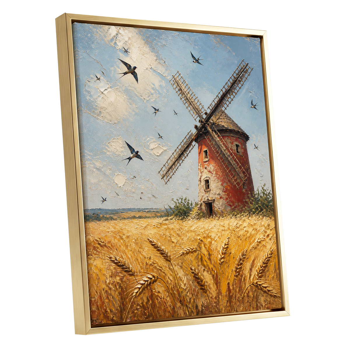 Swallows Over Golden Fields, gold, blue, red nature wall art shown as a gold framed canvas wall art