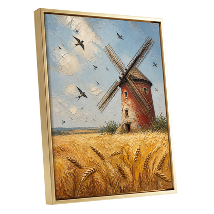 Swallows Over Golden Fields, gold, blue, red nature wall art shown as a gold framed canvas wall art