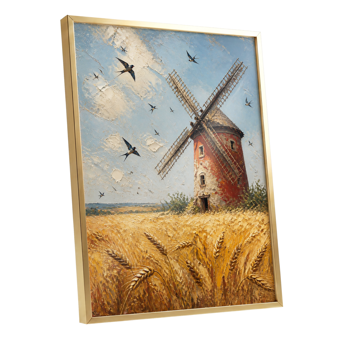 Swallows Over Golden Fields, gold, blue, red nature wall art shown as a gold framed poster wall art print