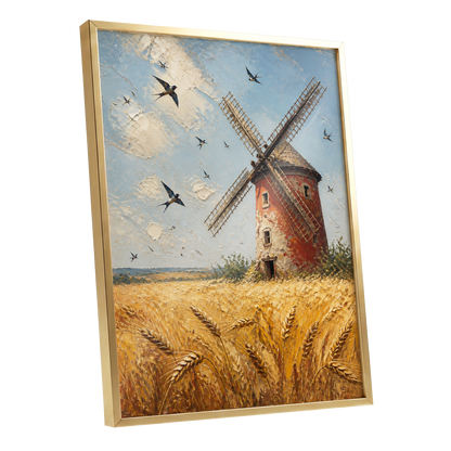 Swallows Over Golden Fields, gold, blue, red nature wall art shown as a gold framed poster wall art print