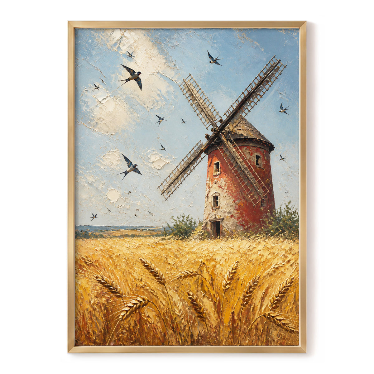 Swallows Over Golden Fields, gold, blue, red nature wall art, front artwork view