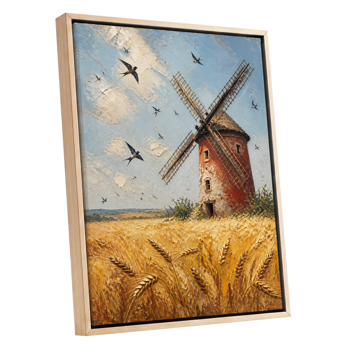 Swallows Over Golden Fields, gold, blue, red nature wall art shown as a oak framed canvas wall art