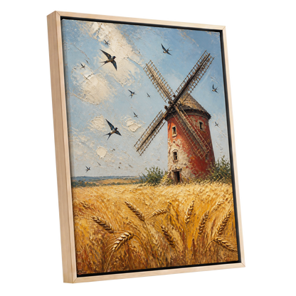 Swallows Over Golden Fields, gold, blue, red nature wall art shown as a oak framed canvas wall art