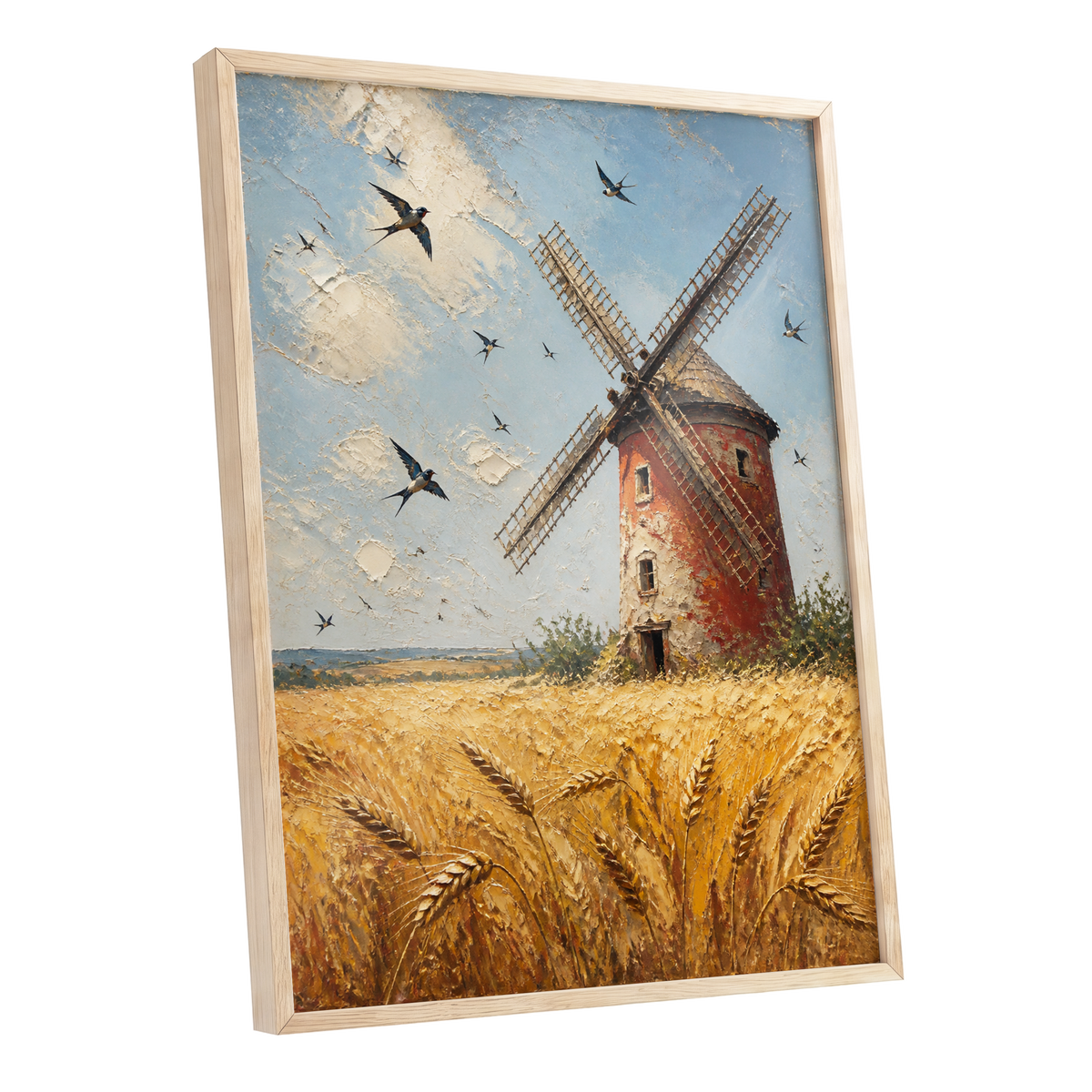 Swallows Over Golden Fields, gold, blue, red nature wall art shown as a oak framed poster wall art print