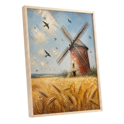 Swallows Over Golden Fields, gold, blue, red nature wall art shown as a oak framed poster wall art print