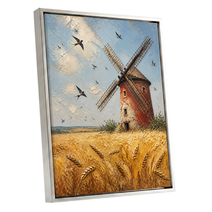 Swallows Over Golden Fields, gold, blue, red nature wall art shown as a silver framed canvas wall art