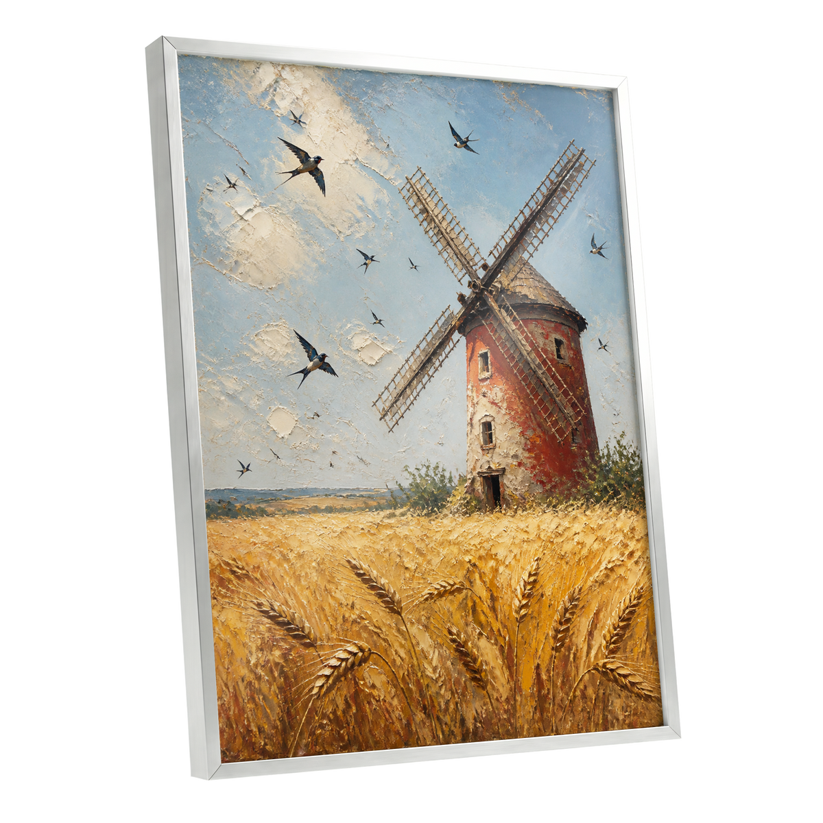 Swallows Over Golden Fields, gold, blue, red nature wall art shown as a silver framed poster wall art print