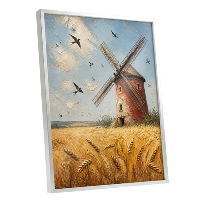 Swallows Over Golden Fields, gold, blue, red nature wall art shown as a silver framed poster wall art print