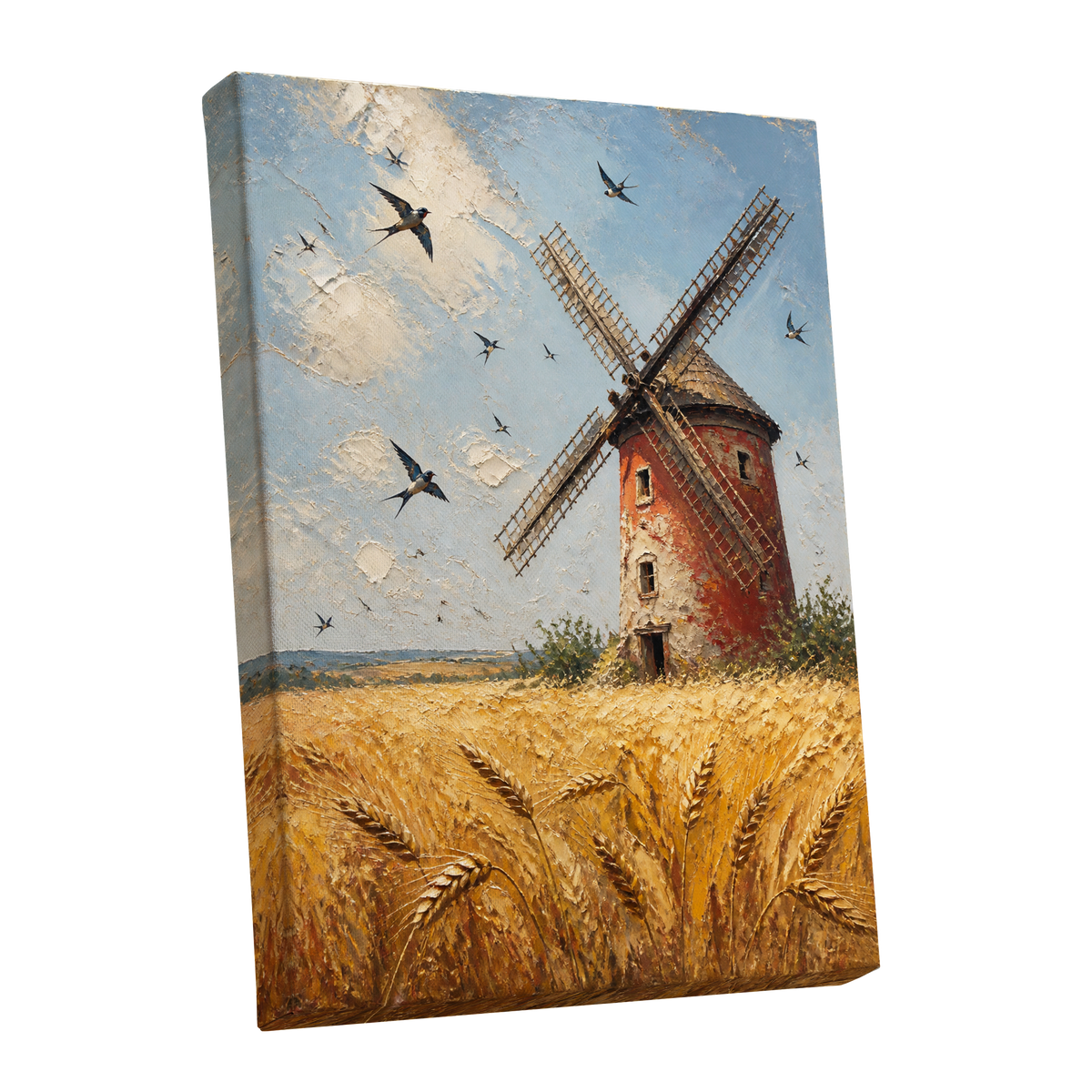 Swallows Over Golden Fields, gold, blue, red nature wall art shown as a stretched canvas wall art