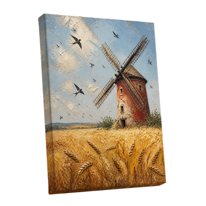 Swallows Over Golden Fields, gold, blue, red nature wall art shown as a stretched canvas wall art