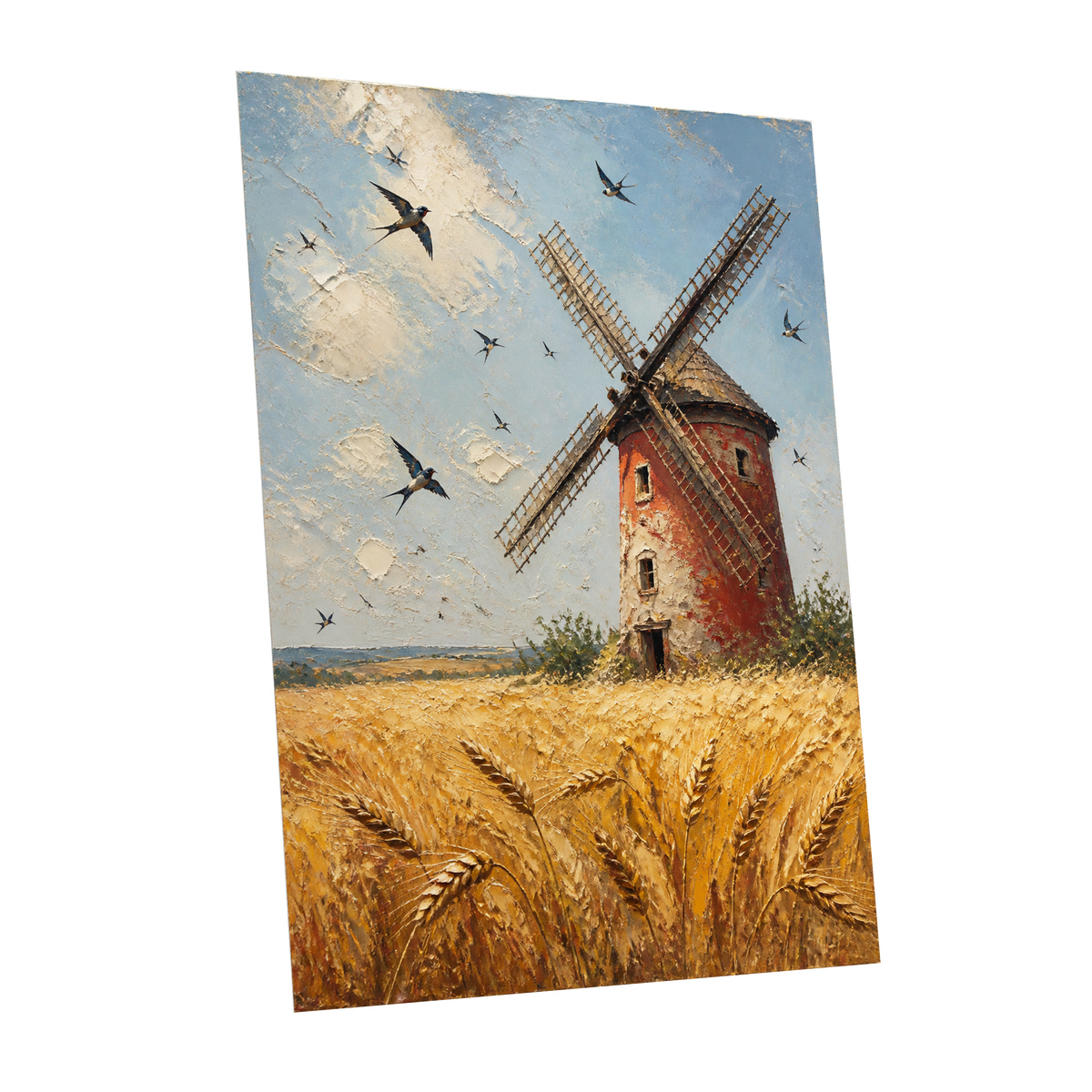 Swallows Over Golden Fields, gold, blue, red nature wall art shown as a unframed poster wall art print