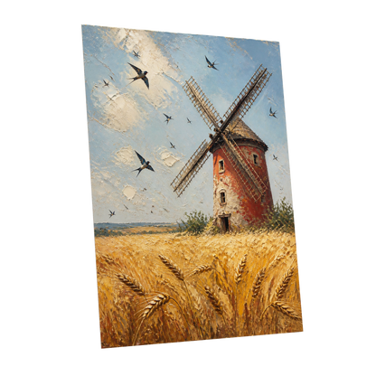 Swallows Over Golden Fields, gold, blue, red nature wall art shown as a unframed poster wall art print