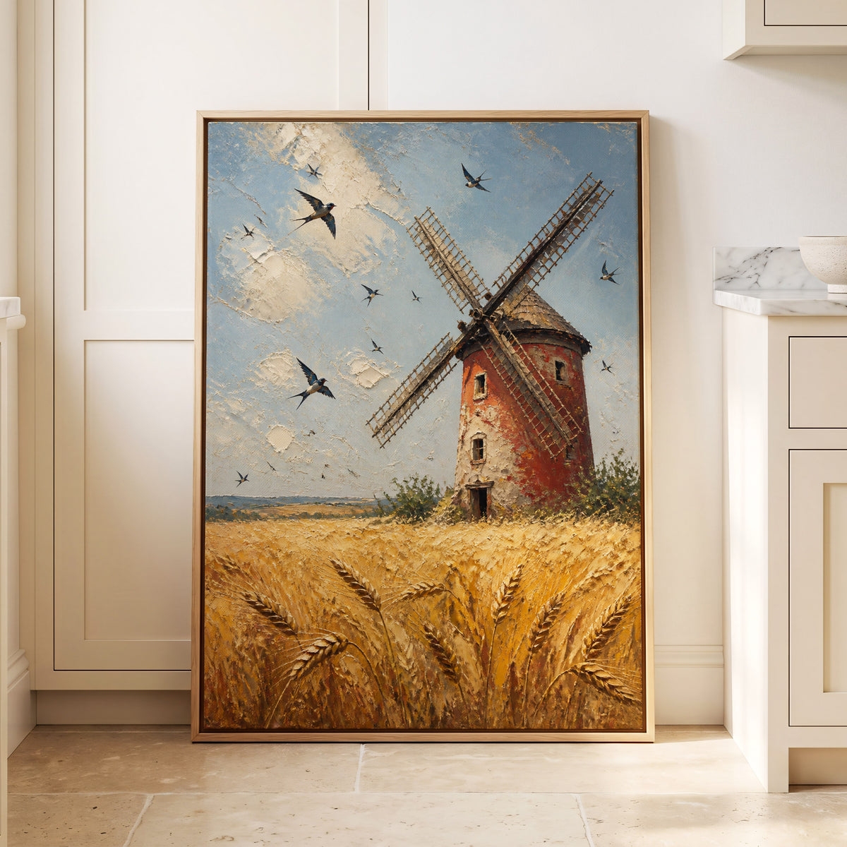 Swallows Over Golden Fields, gold, blue, red nature wall art displayed in a styled interior, gallery view 1